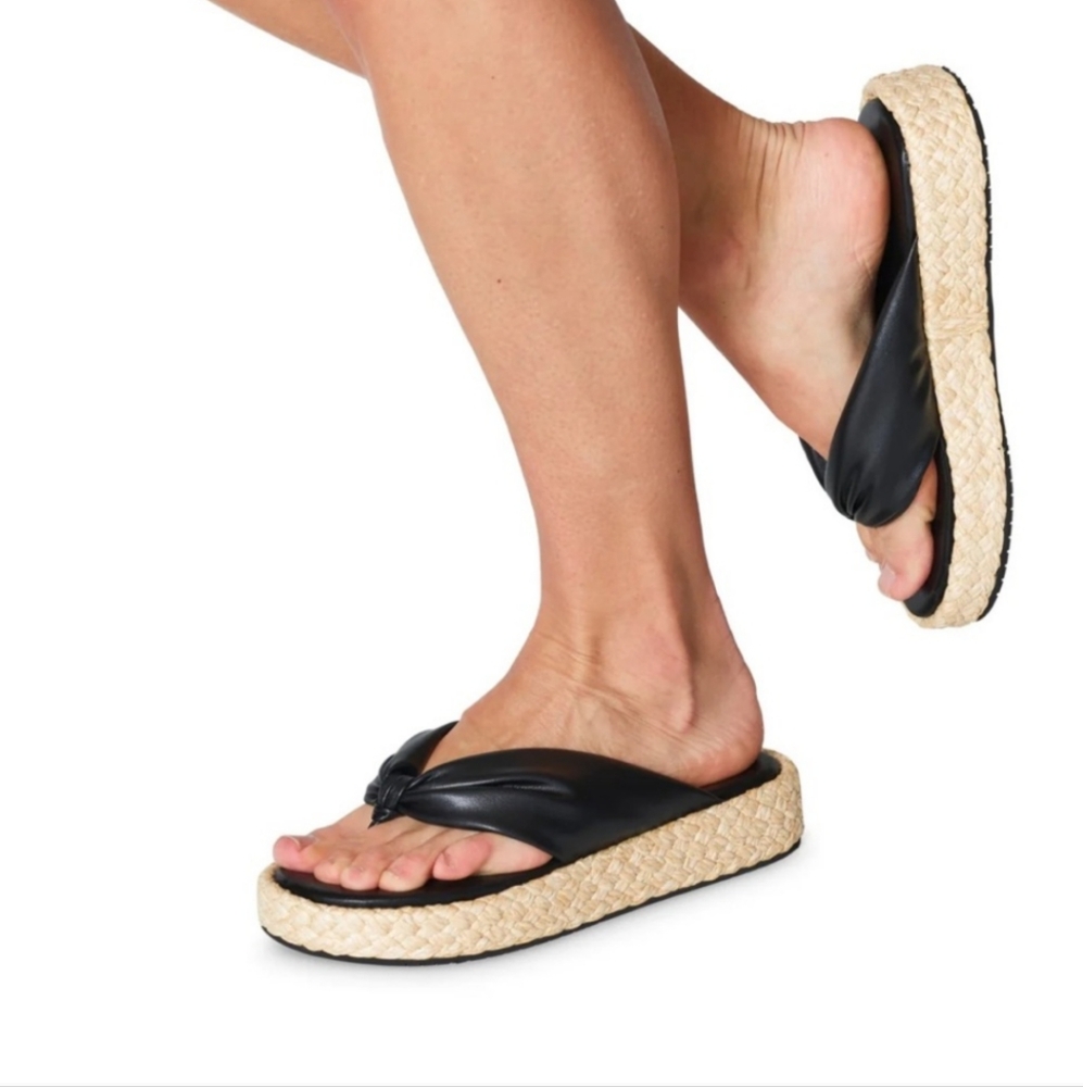 New Naked Feet Costa Black Espadrille Sandals Flip Flops Thong 8 1/2